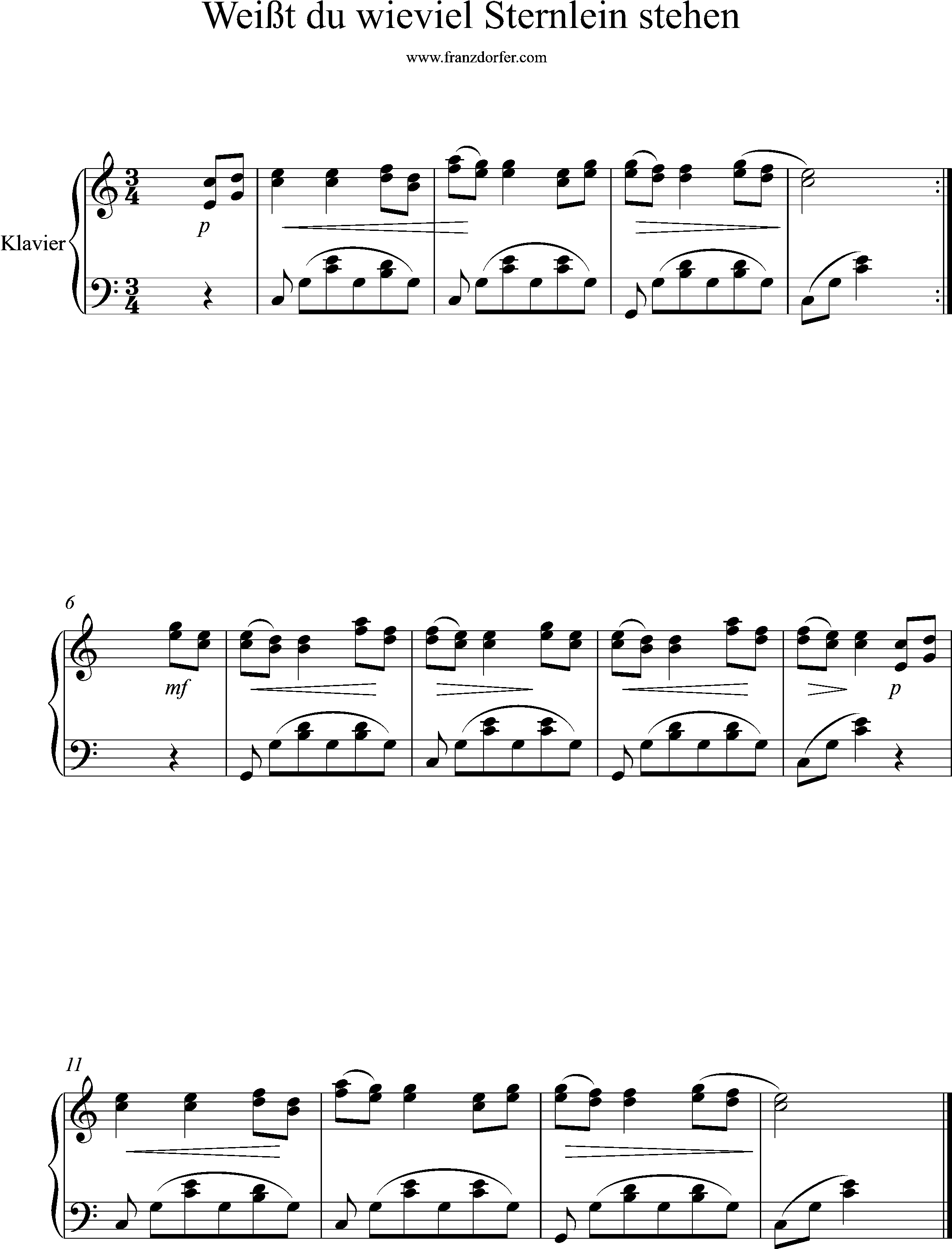 klaviernoten, weisst du wieviel sternlein
