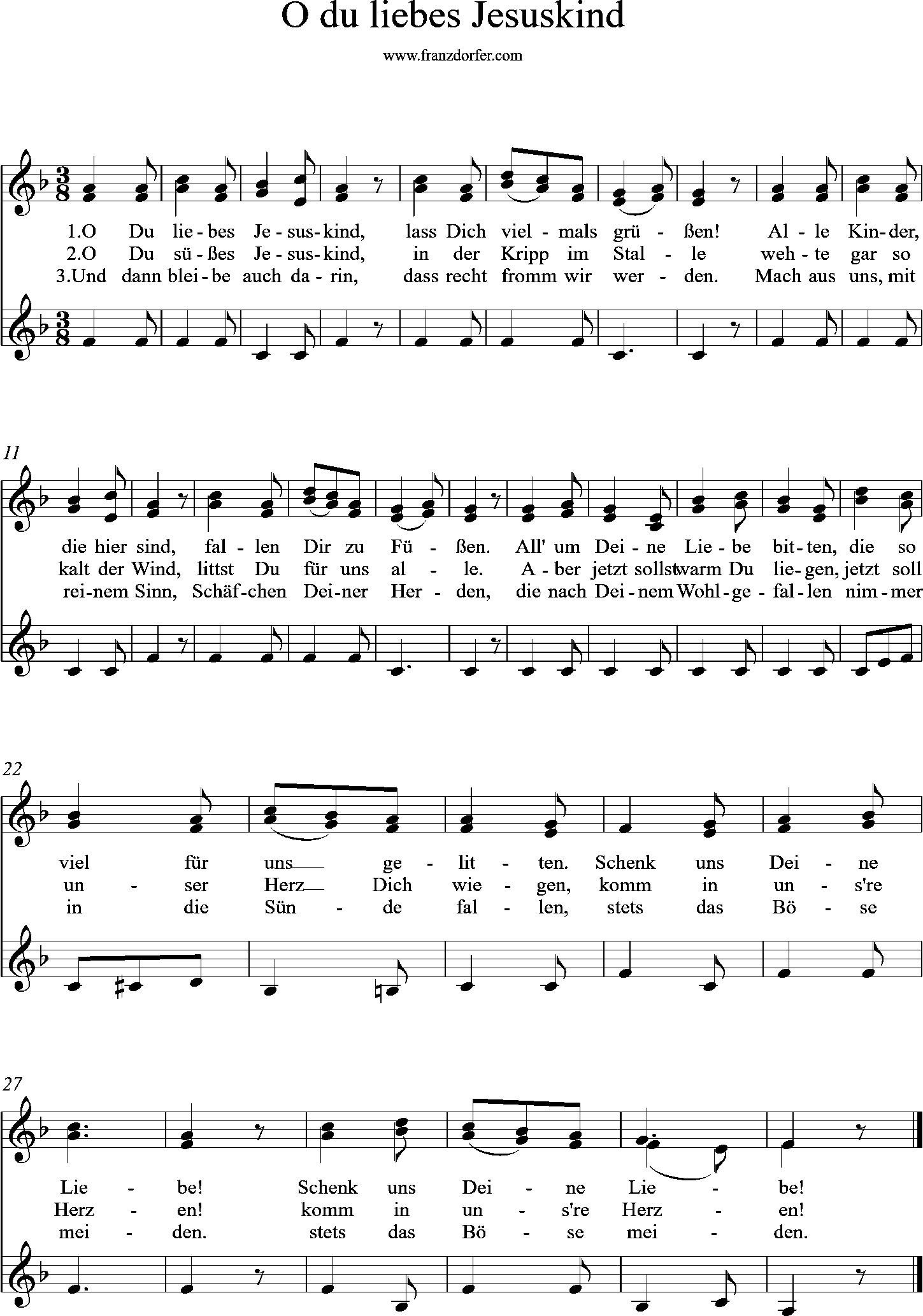 3stimmig, Noten, F-Dur,O du liebes Jesuskind