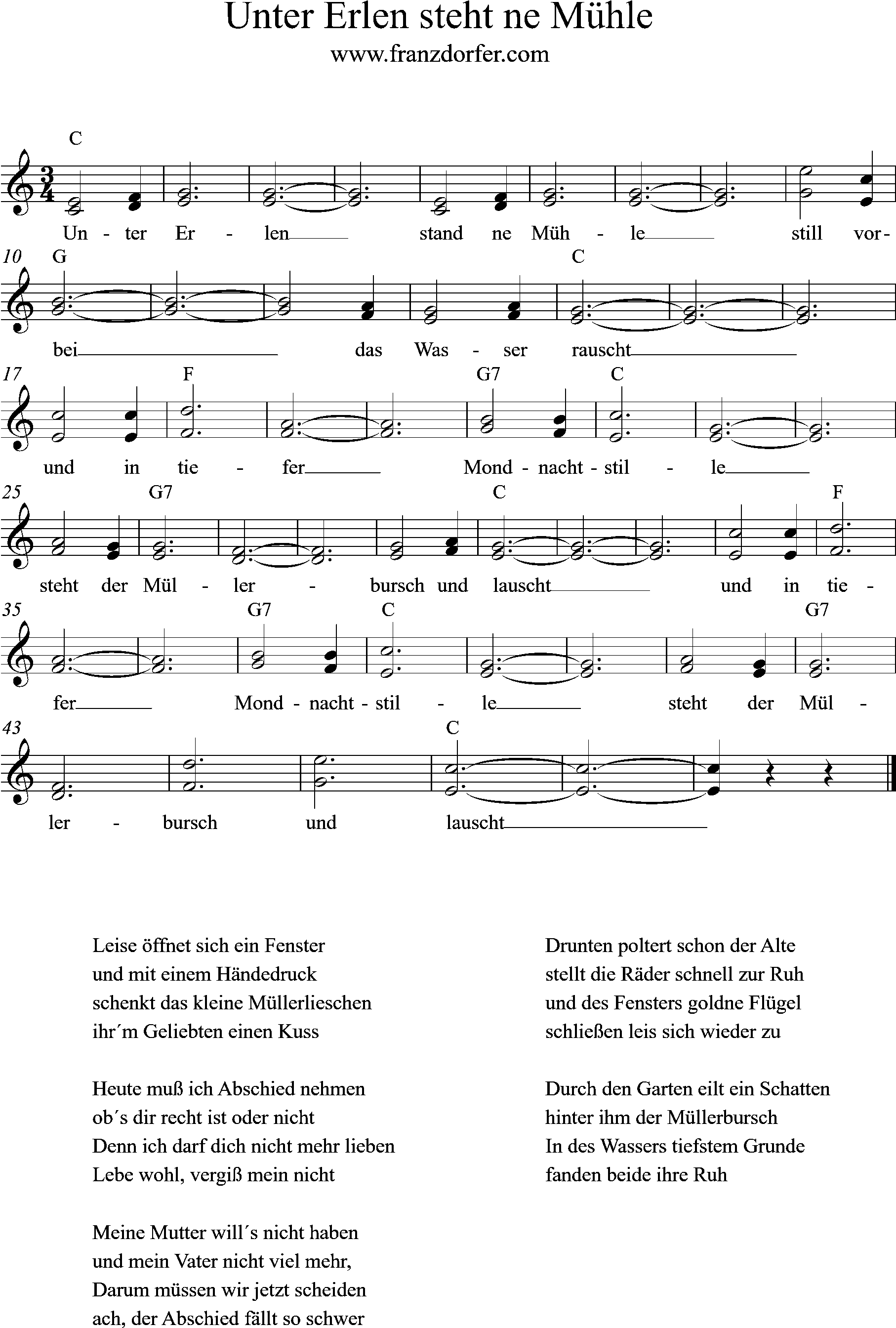 Noten Unter Erlen steht ne Mühle