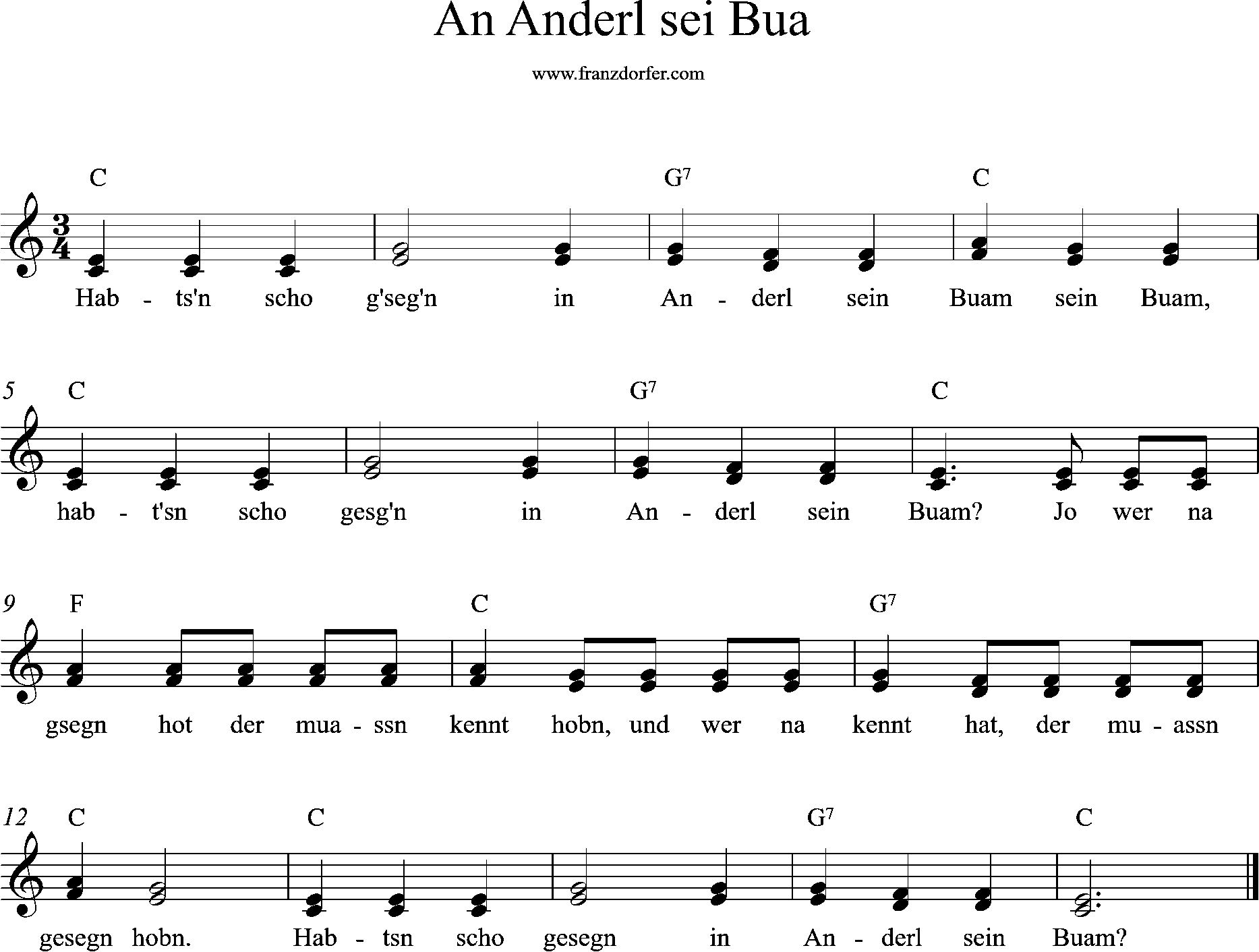 Akkordeonnoten, C-Dur, In Anderl sei Bua