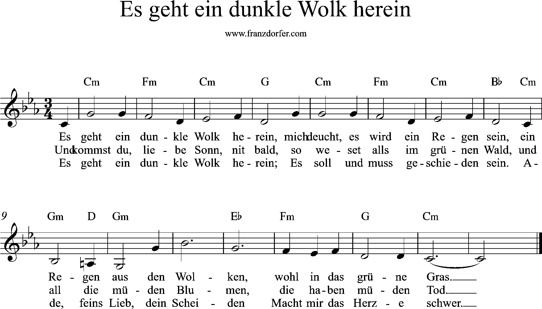 noten, c-moll, es geht eine dunkle wolk herein