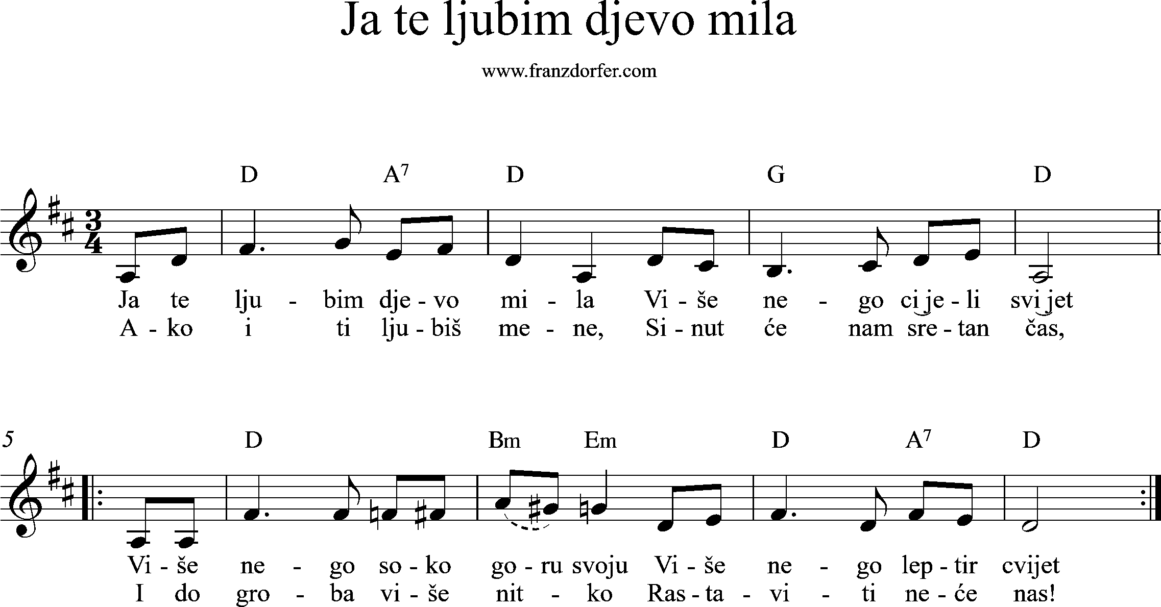 sheetmusic, D-Major, Ja te ljubim djevo mila