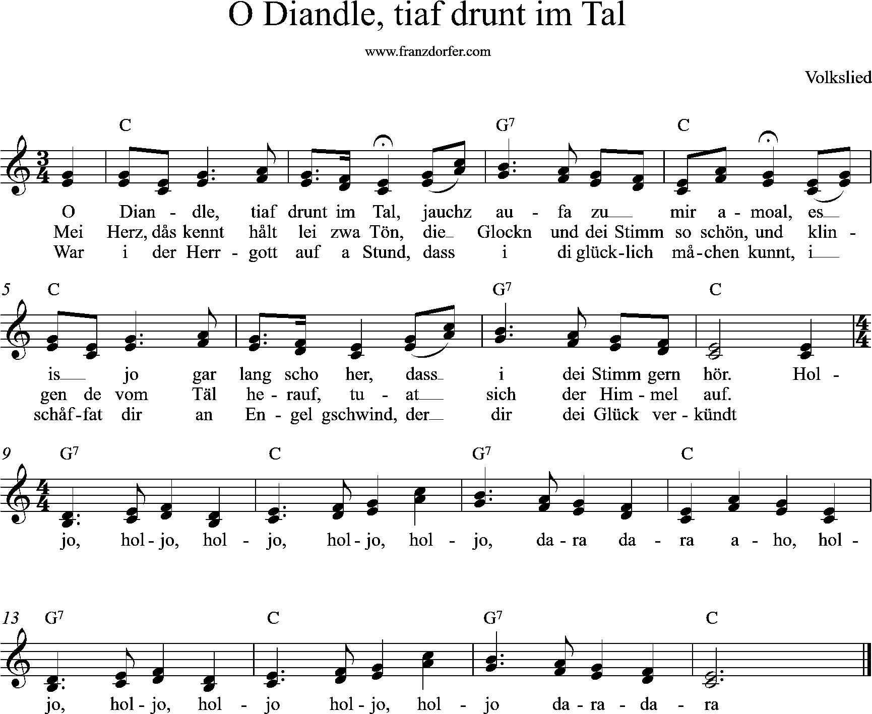 Akkordeonnoten, C-Dur, o diandle tiaf drunt