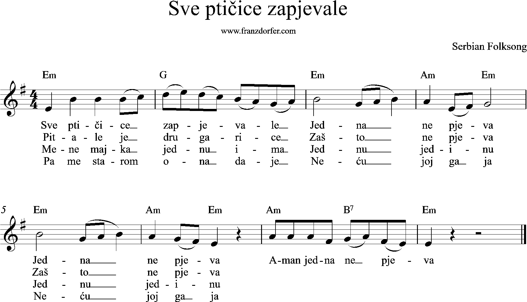 e-minor, sheetmusic, Sve ptičice zapjevale