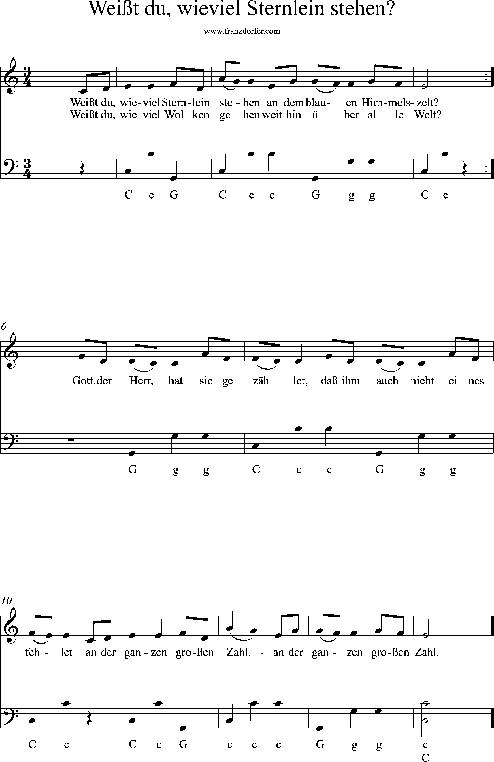 Akkordeonnoten, C-Dur, weisst du wielviel sternlein