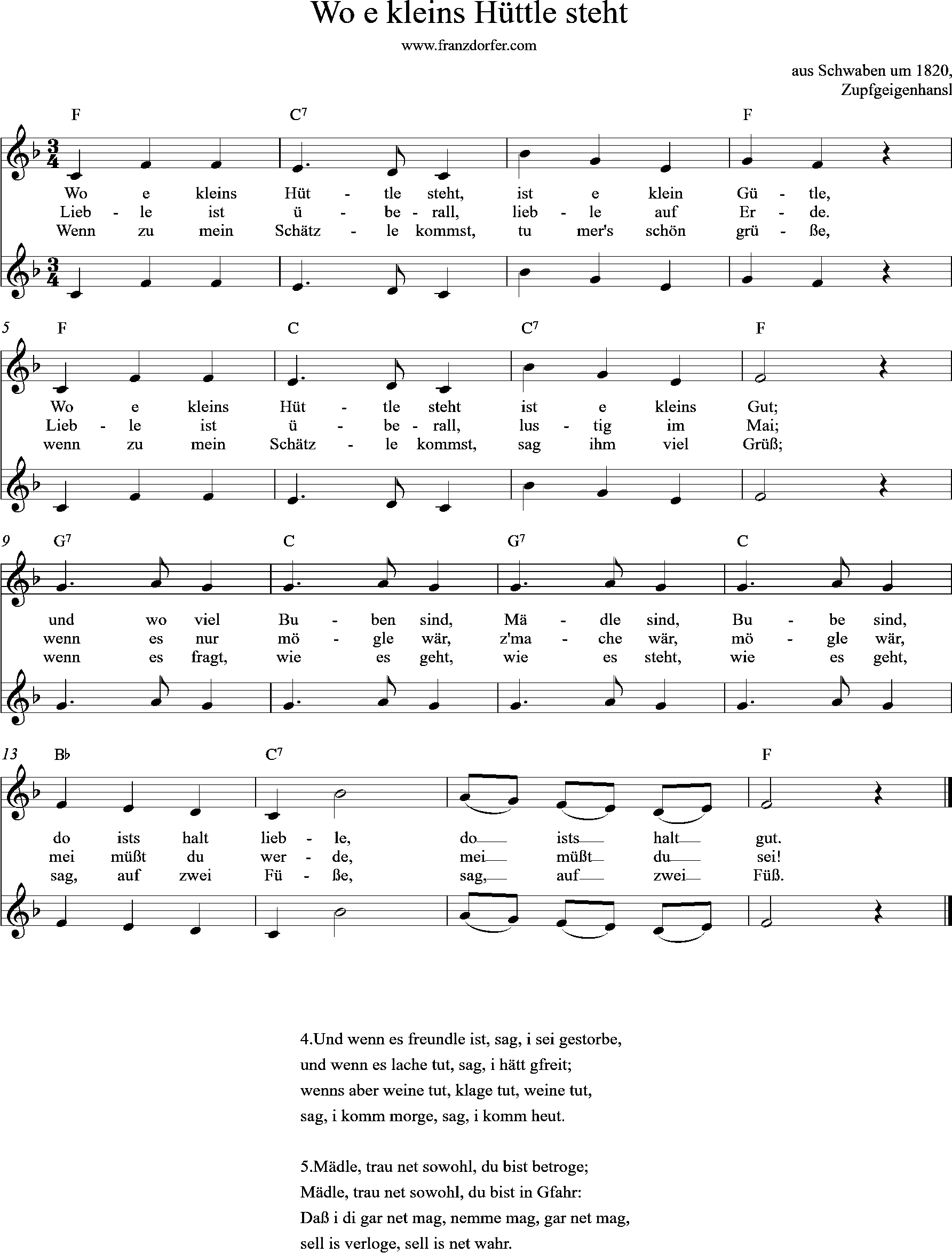 2stimmig, F-Dur, Wo e kleins Hüttle