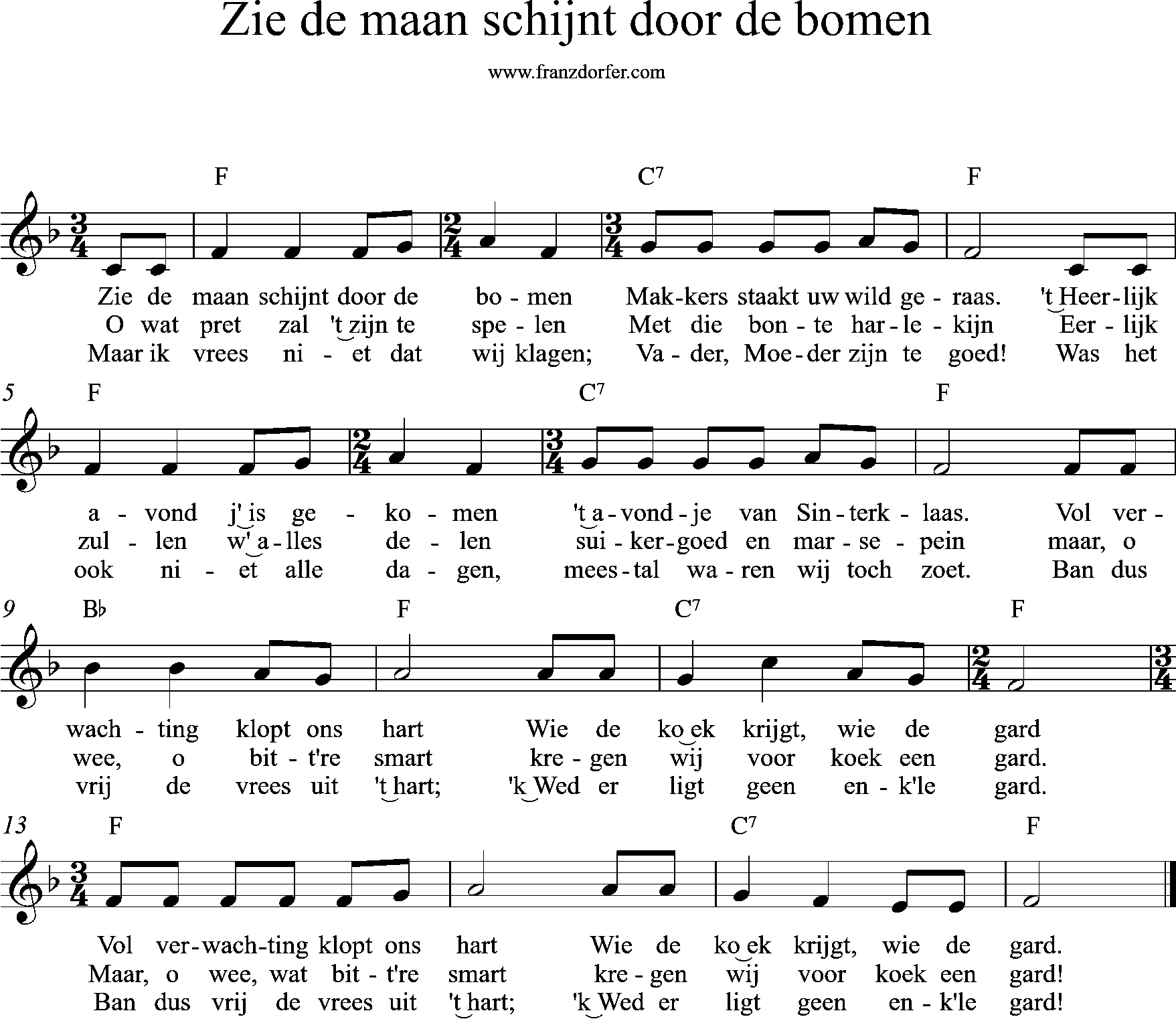 F-Major, Sheetmusic, Zie de maan schijnt door de bomen