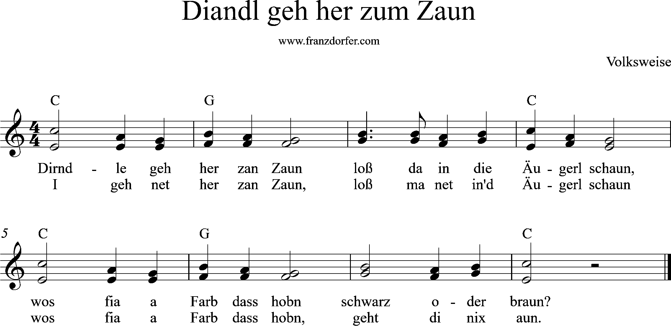 Noten, C-Dur, 2stimmig, Diandle geh her zum Zaun