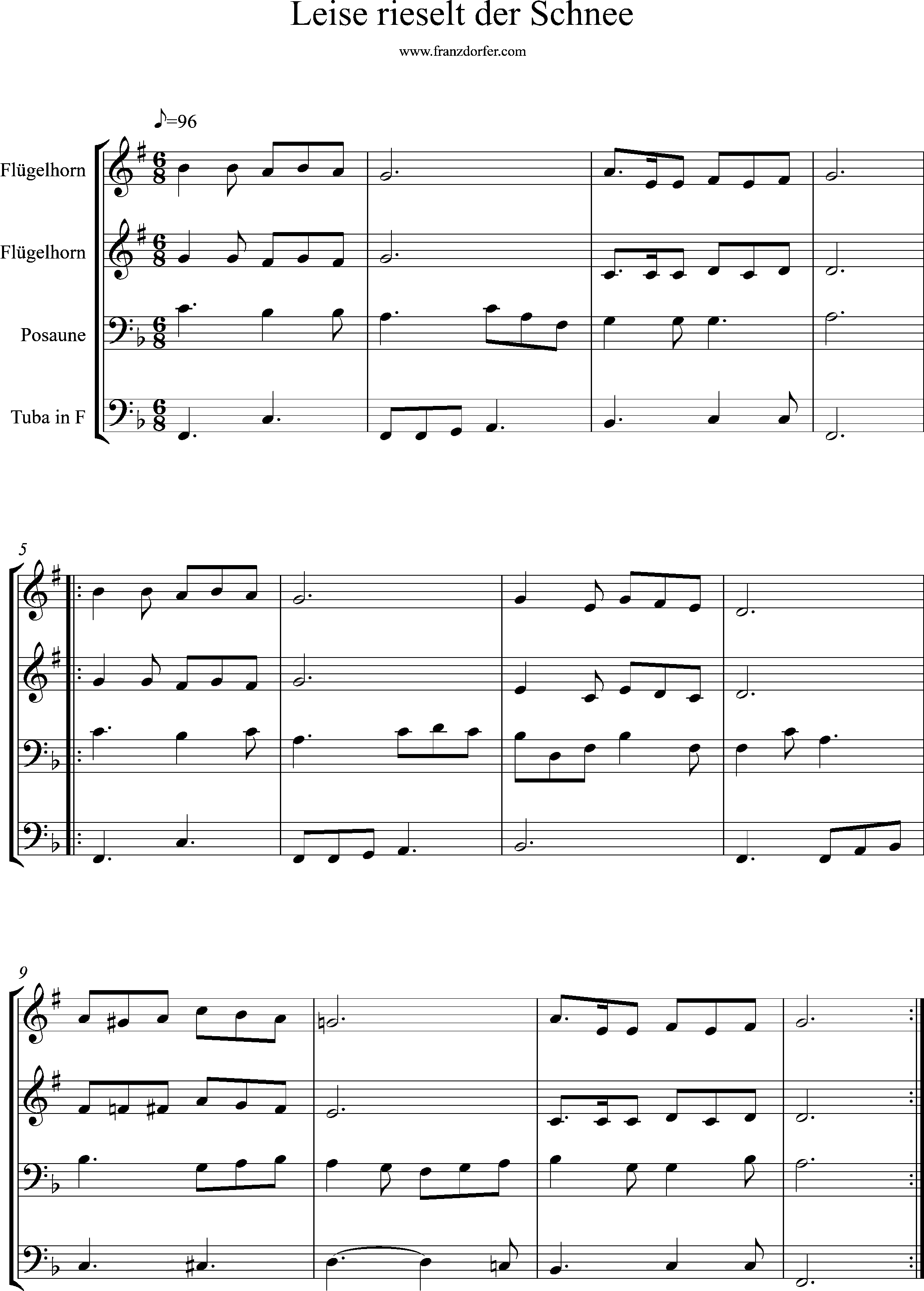 Blechnläser quartett, Noten F-,G-Dur, Leise rieselt der Schnee