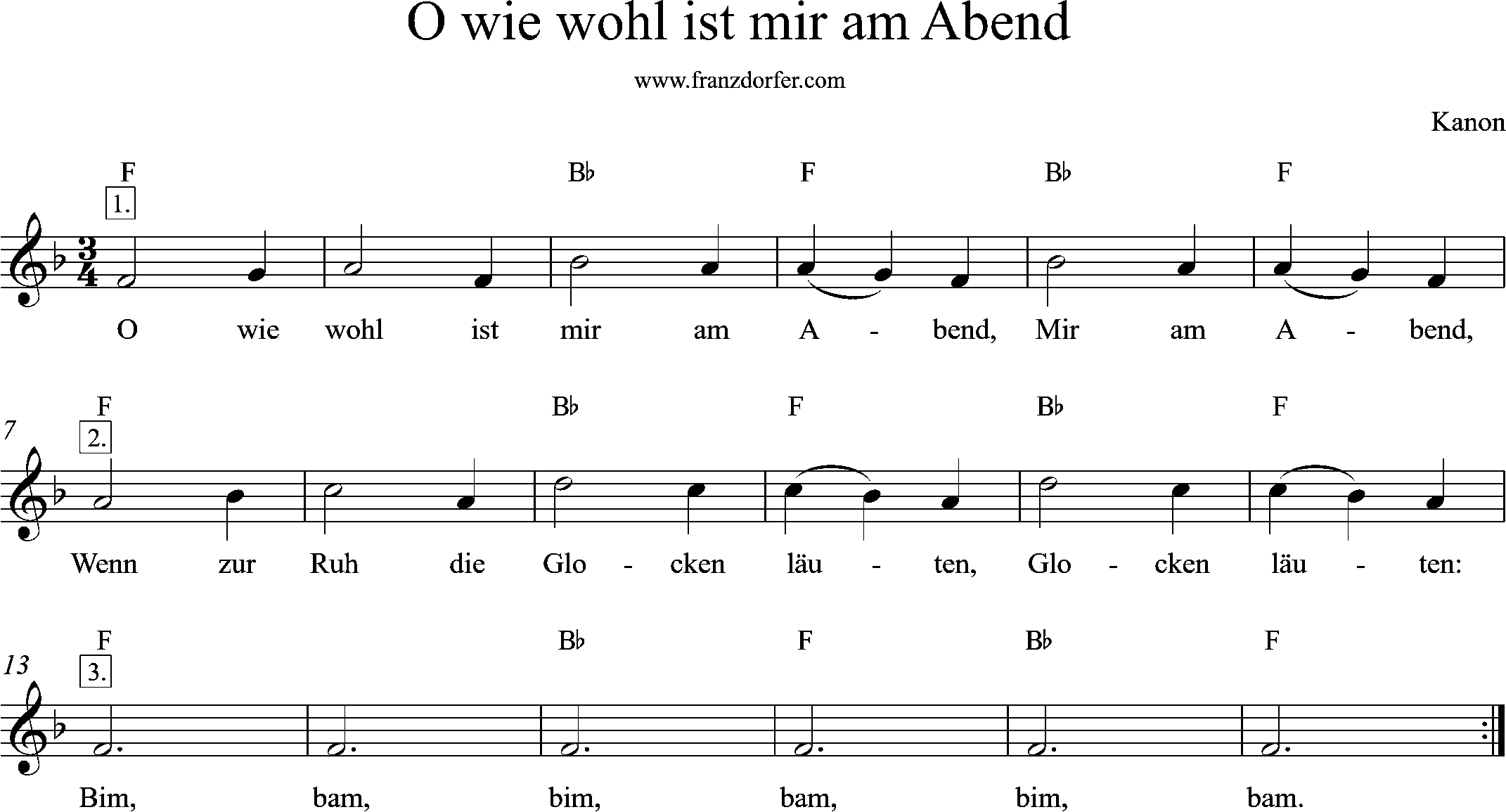 F-Dur, Noten, O wie wohl ist mir am Abend