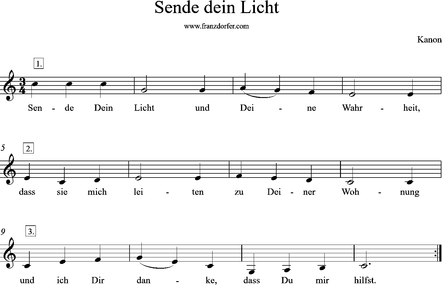 Noten, Kanon, Sende dein Licht