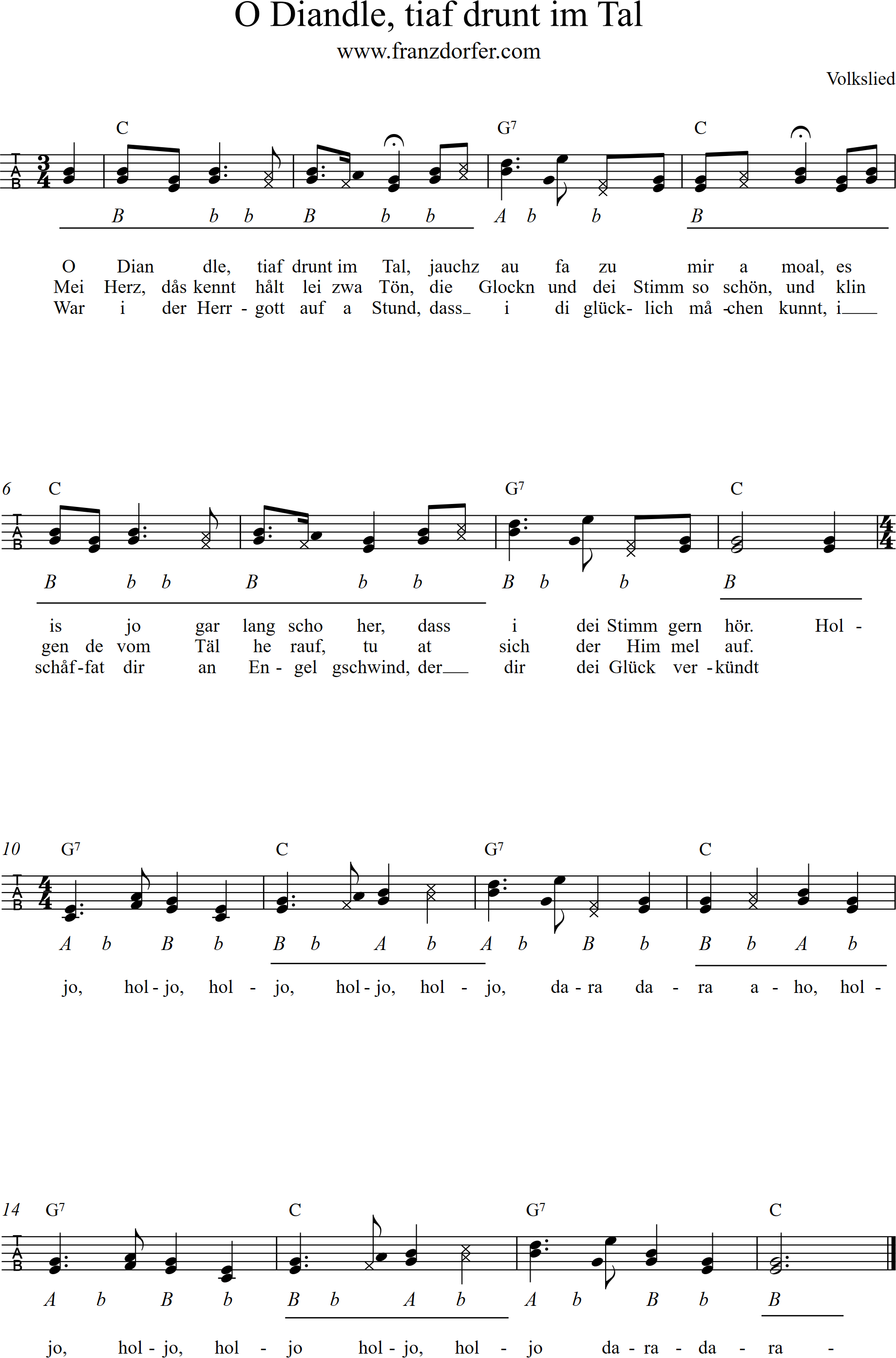 noten für steirische harmonika, o diandle tiaf drunt im tal
