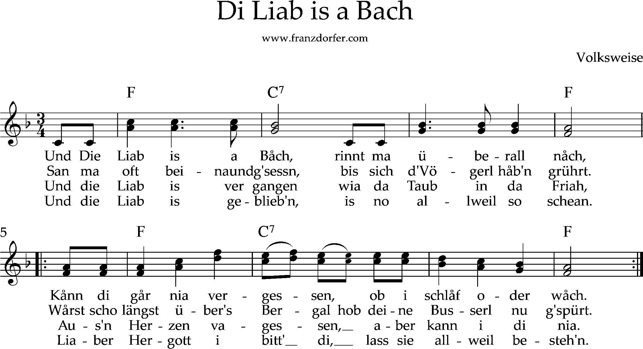 Noten, 2stimmig, die liab is a bach