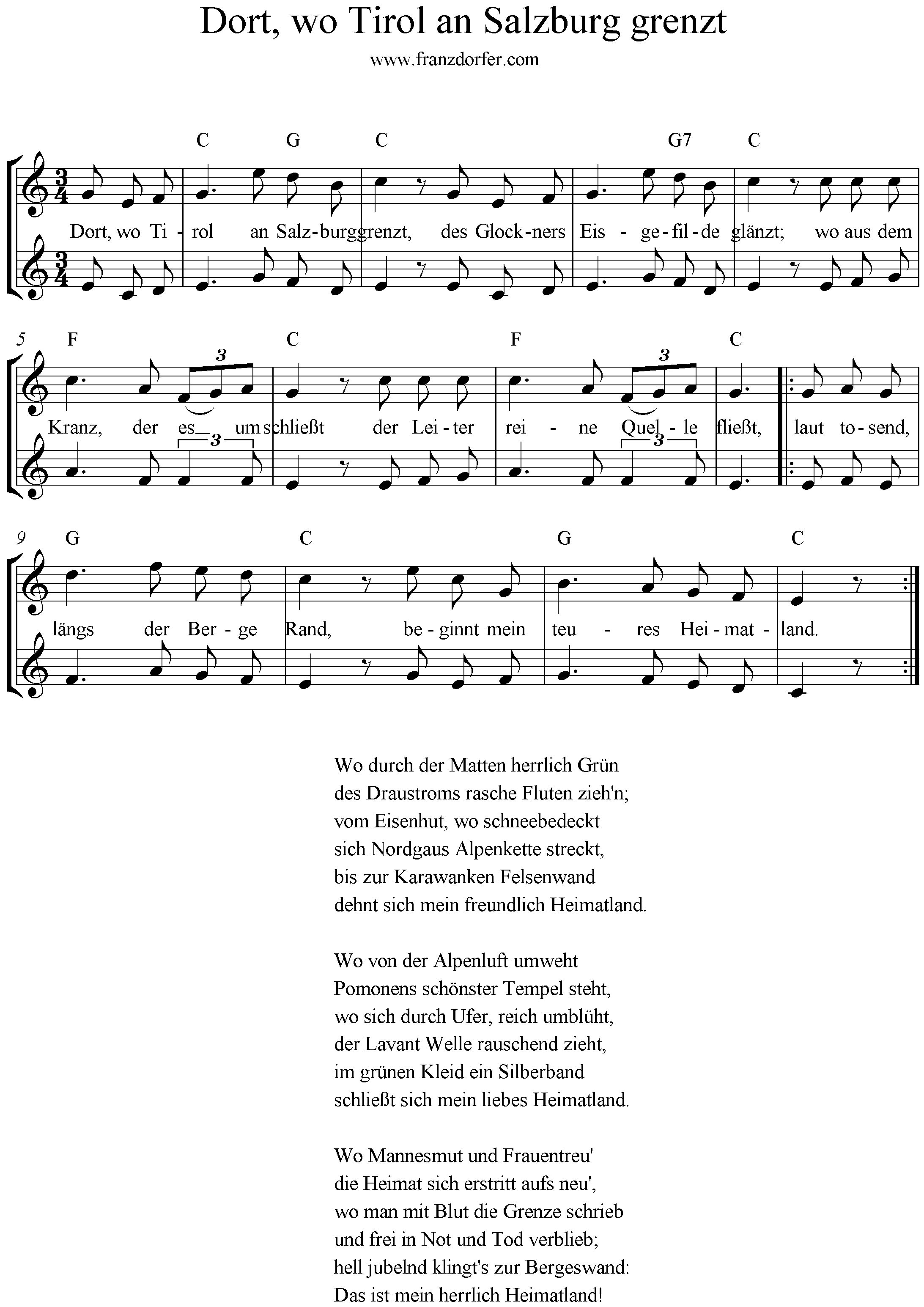 Noten Kärtner Heimatlied- Dort wo Tirol an Salzburg grenzt