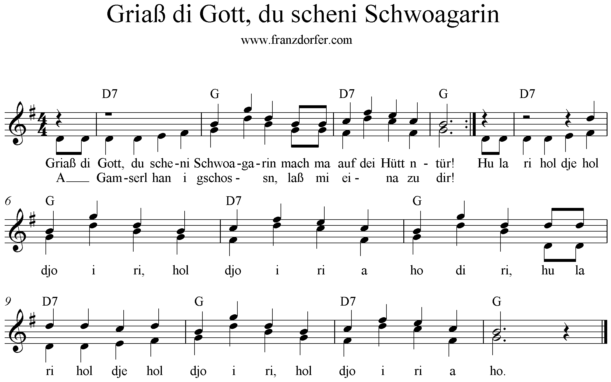 Noten Griaß di Gott du scheni Schwoagarin