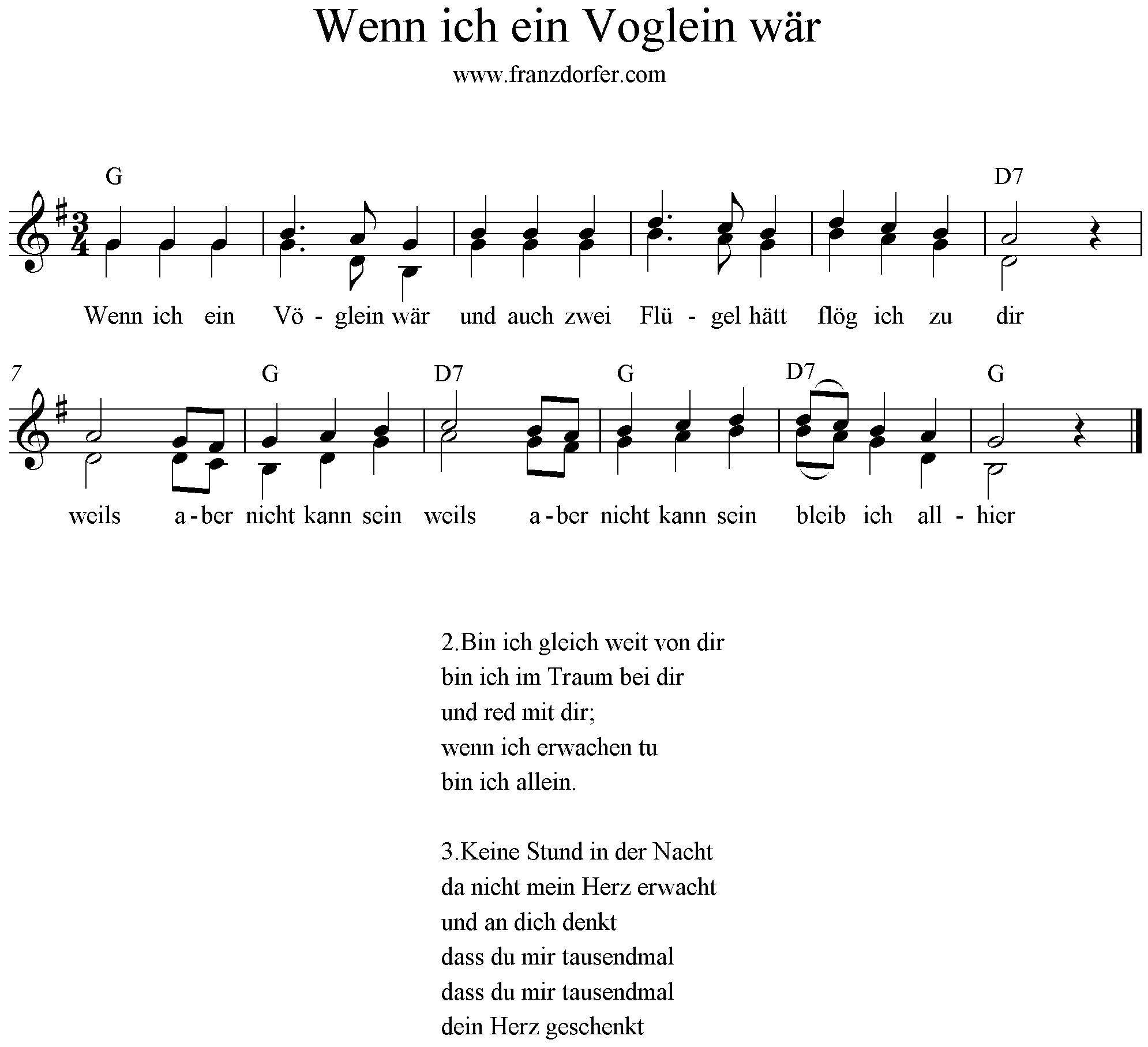 Noten Wenn ich ein Vöglein wär