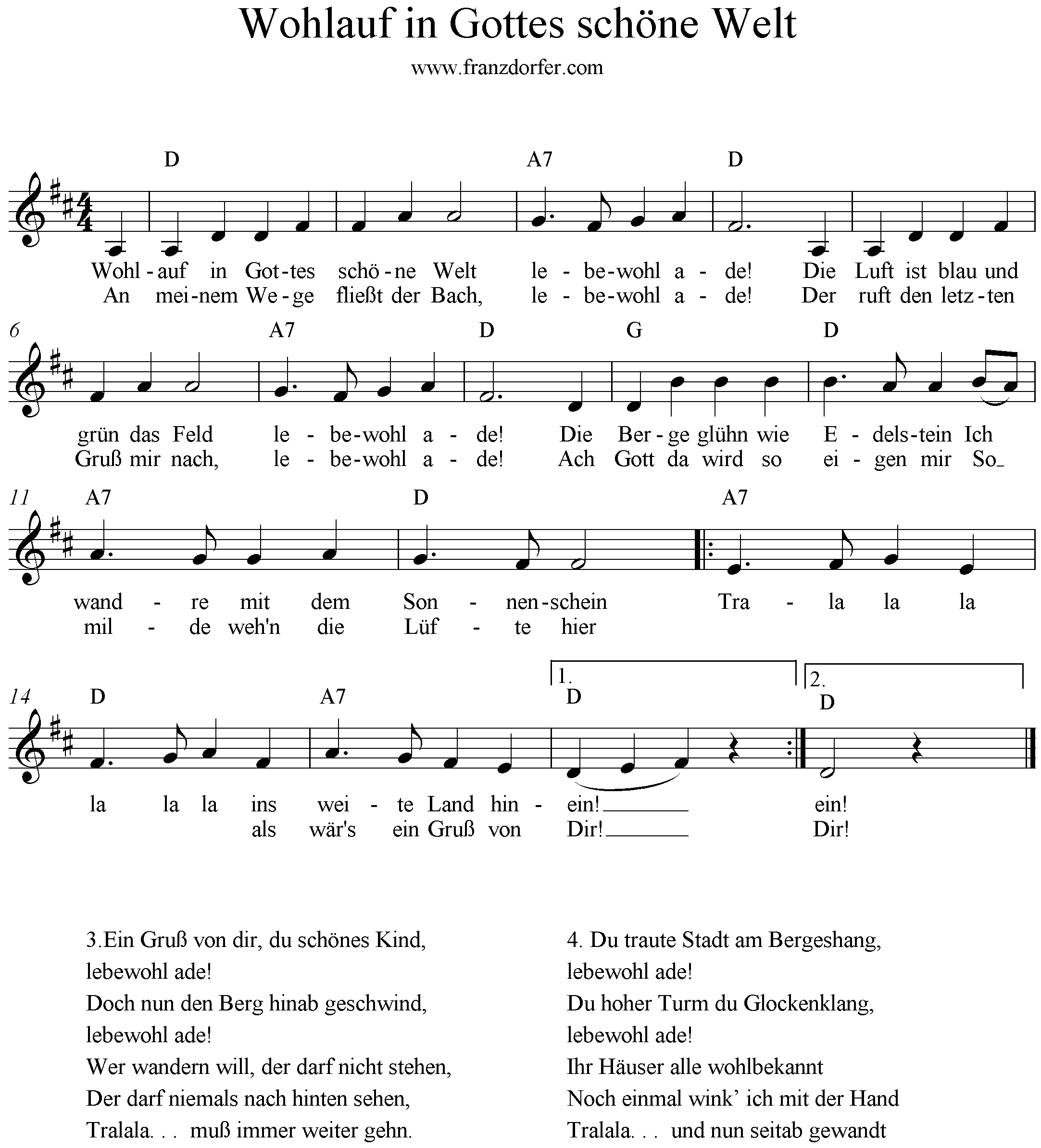 Noten Wohlauf in Gottes schöne Welt