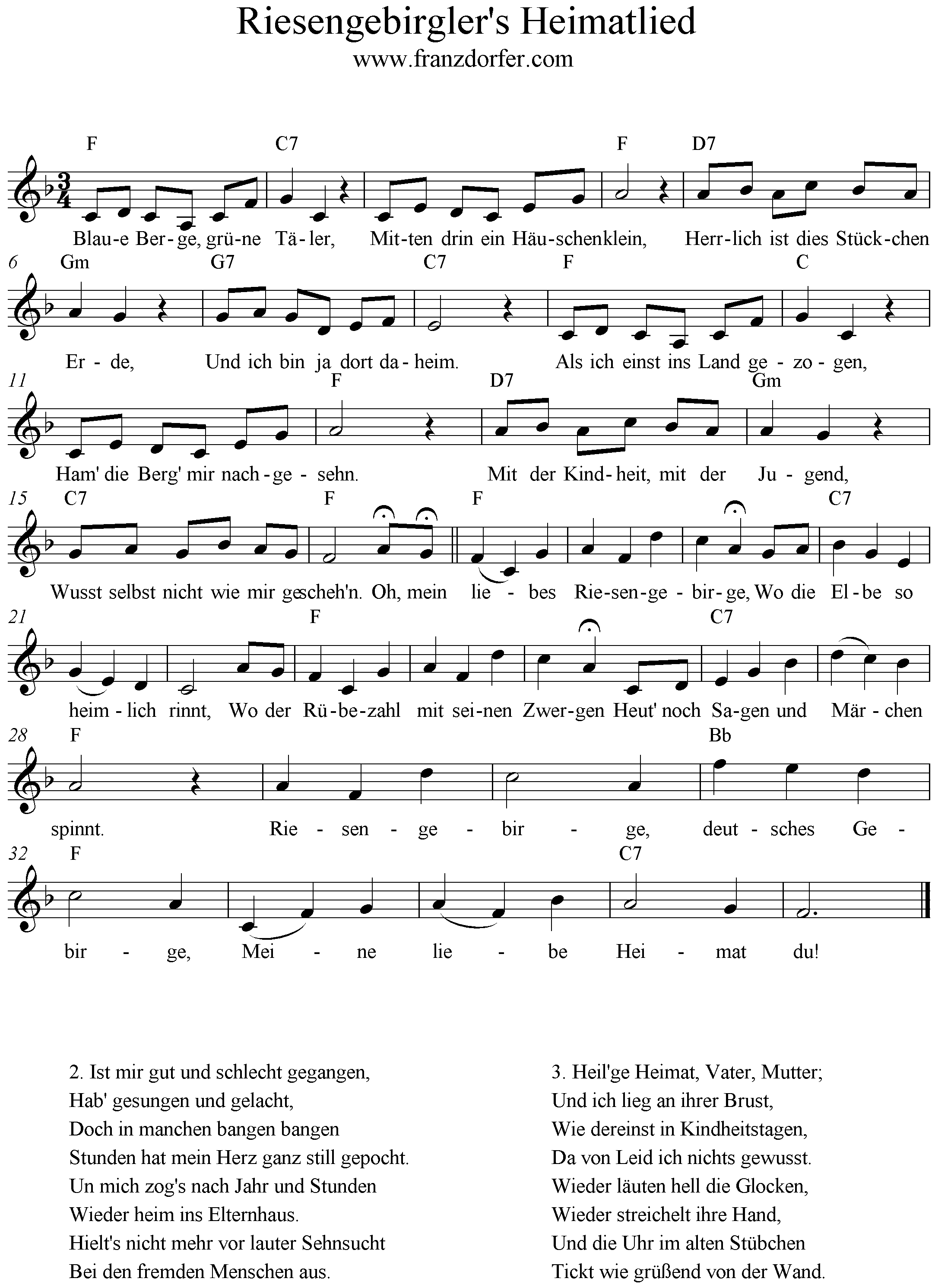 Noten Riesengebirglers Heimatlied