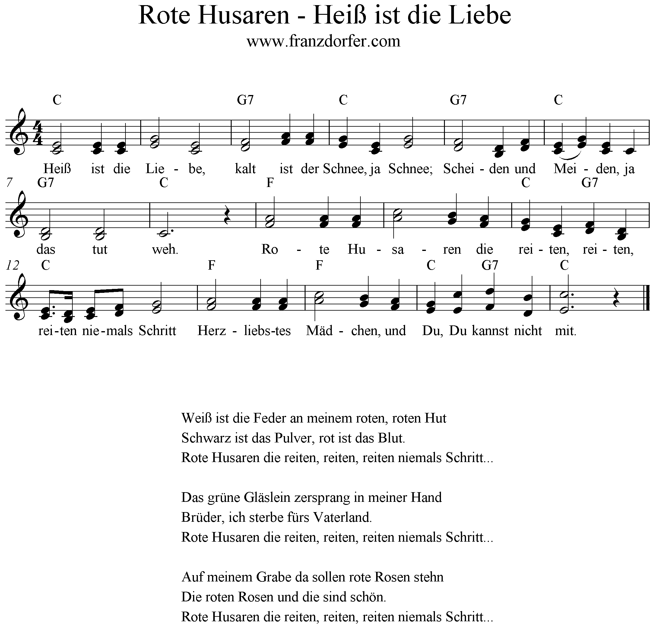 Noten Rote Husaren - Heiß ist die Liebe