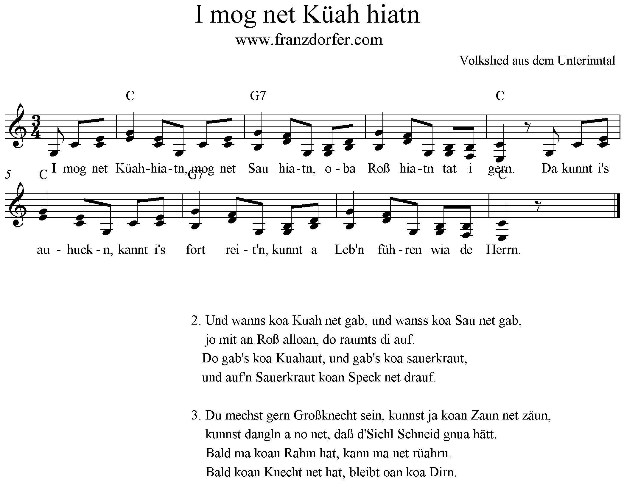 Noten I mog net Küah hiatn, kiah hiat'n, C-Dur