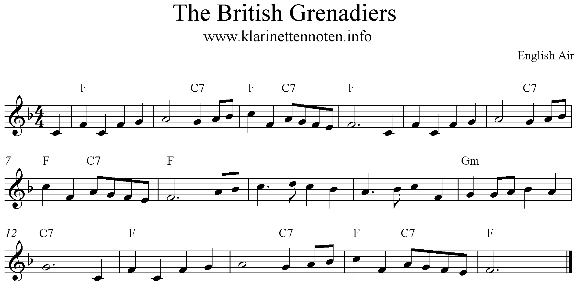 Noten The British Grenadiers, F-Dur