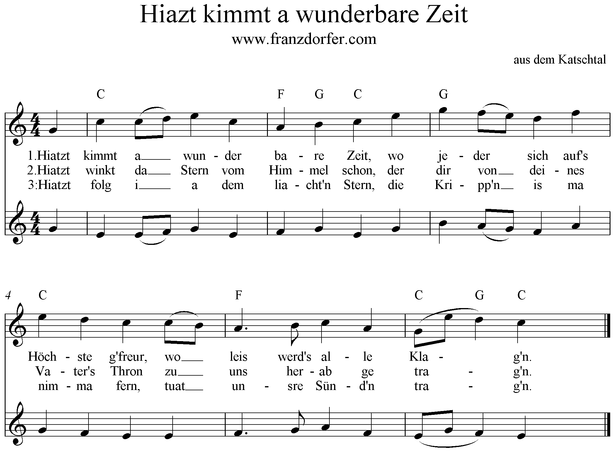 Noten Hiatzt kimmt a wunderbare Zeit