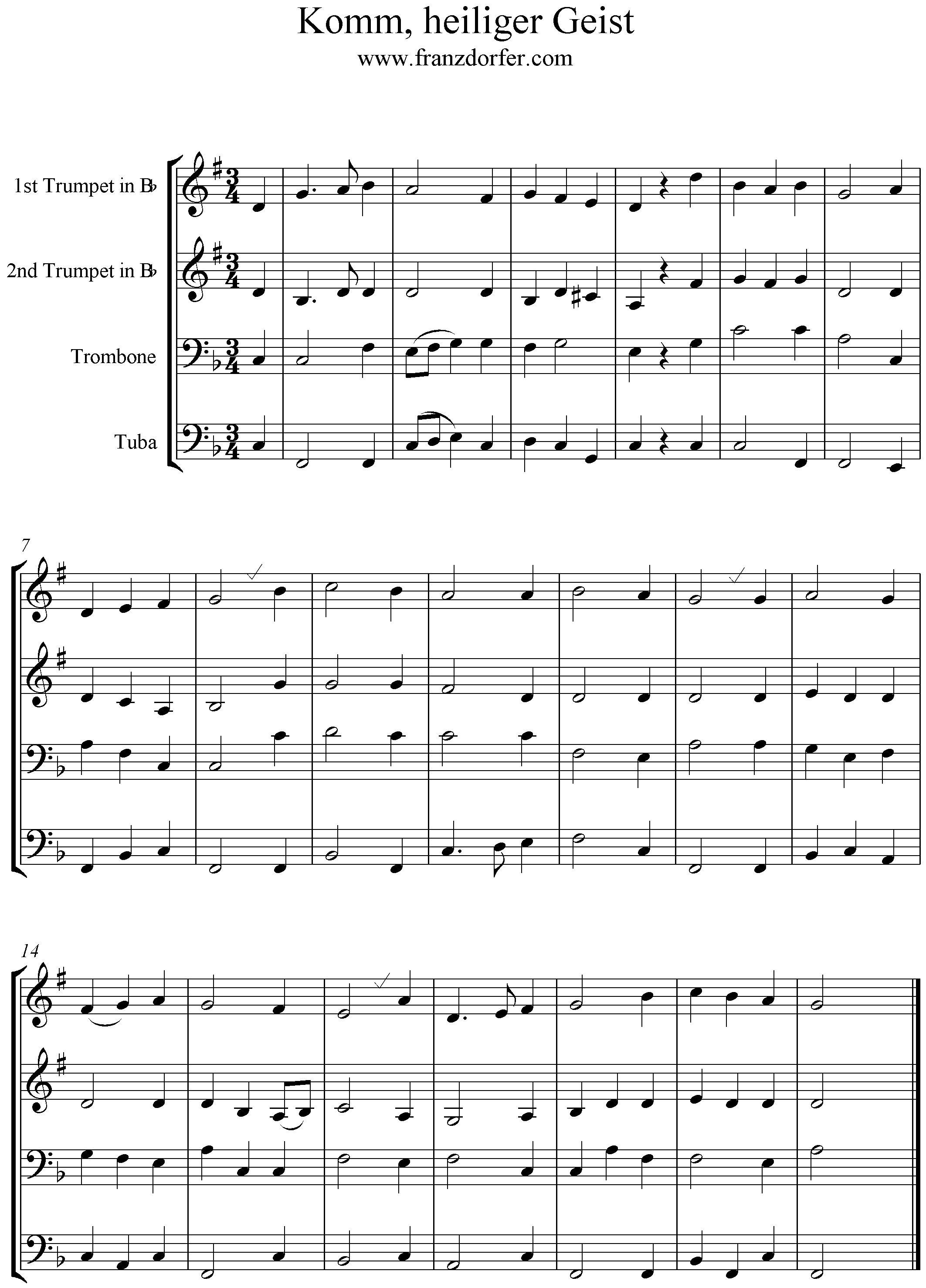 Noten Blechbläserquartett, Komm heiliger Geist