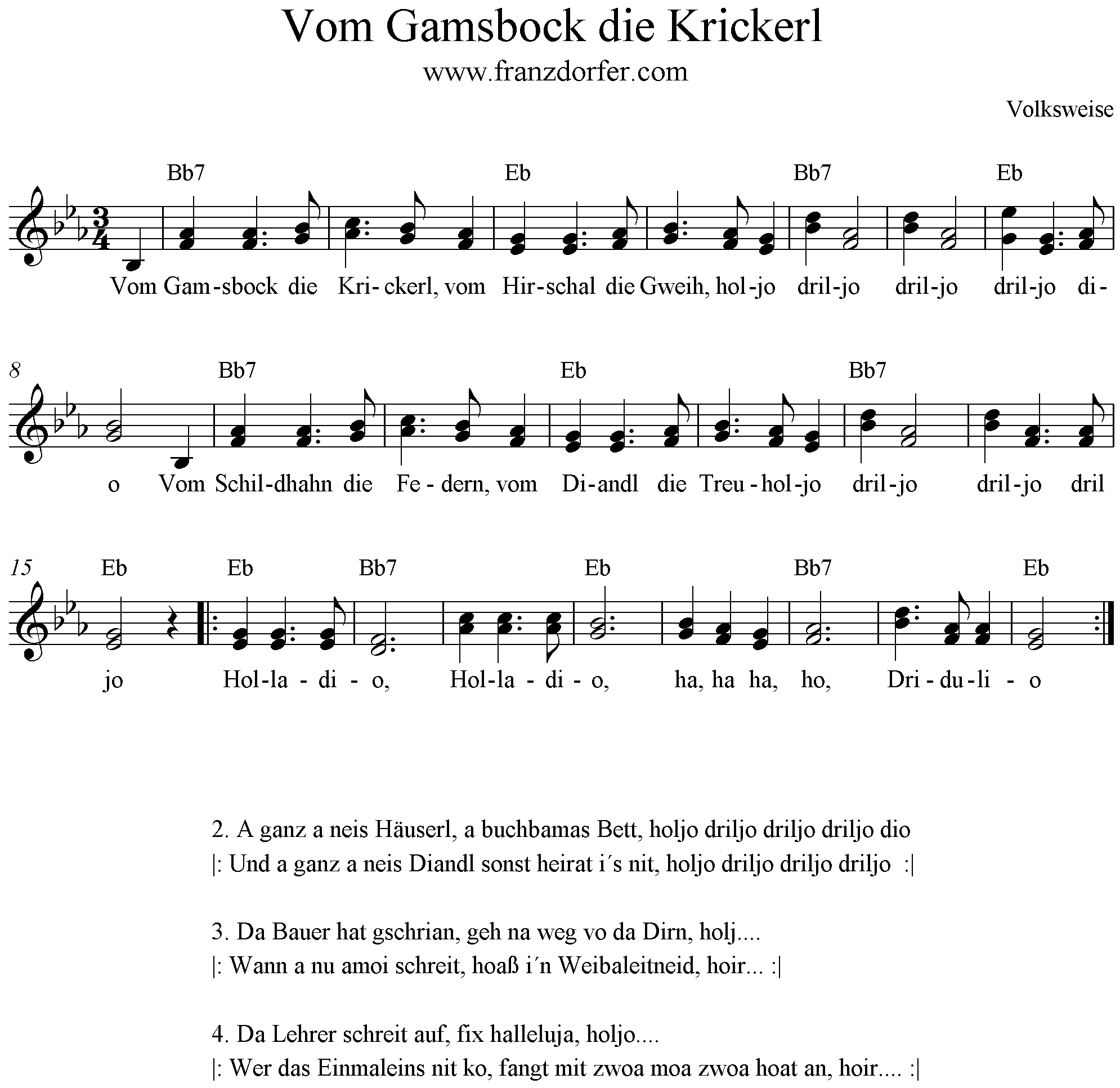 Noten, Vom Gamsbock des Krickerl, B-Dur