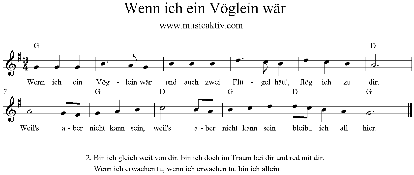 Noten, Text, Akkorde, Wenn ich ein Vöglein wär